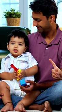 Indian Asian twin infant babies smiling and looking at camera while sitting with young parents on carpet surrounded by toys in modern home living room, capturing joyful family portrait and bonding
