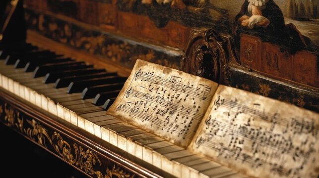 Elderly caucasian male composer in traditional attire holding sheet music