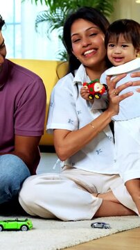 Indian Asian twin infant babies smiling and looking at camera while sitting with young parents on carpet surrounded by toys in modern home living room, capturing joyful family portrait and bonding