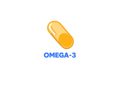 Vector illustration of an orange fish oil capsule icon with the text OMEGA-3 isolated on a white background for health and wellness design
