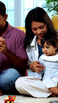 Indian Asian young parents dancing with twin infant babies to music on laptop screen during morning routine at home, engaging kids in fun audio visual learning activity with joyful family bonding