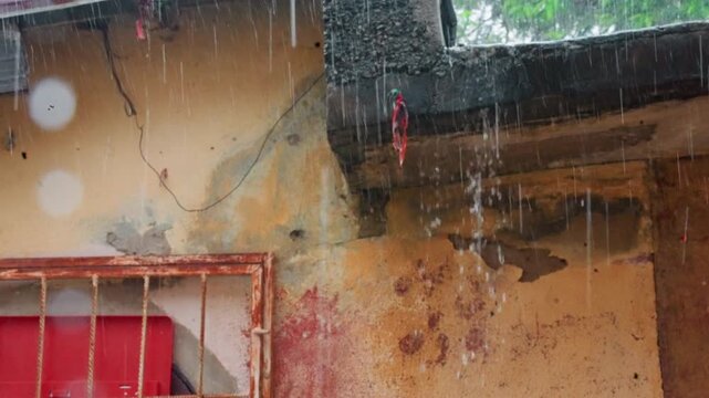 Rain falling on weathered wall with rusted window grille, peeling plaster, gutter leak and wet stains closeup urban exterior showing texture, patina, erosion, color contrast and moody atmosphere