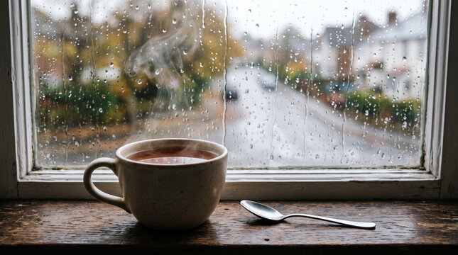Steam rising from a plain cup of tea on a windowsill with rain drops on the glass