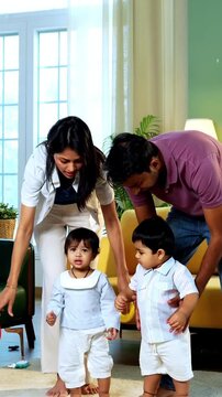 Indian Asian young parents helping twin infant babies walk by holding their hands inside modern home living room, guiding first steps together as smiling babies enjoy playful family bonding moment
