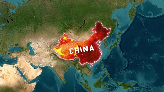 3D Satellite Map Animation Highlighting China with Glowing Border, Flag Overlay, and Waving Flag