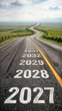 Winding Highway Marked With Years From 2027 to 2032 Leading Toward a Bright Horizon, Symbolizing Future Planning and Progress