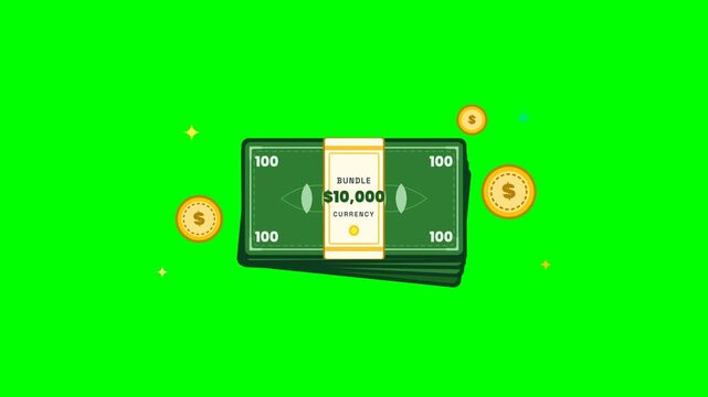 Cartoon bundle of ten thousand dollar bills with golden coins swinging and bouncing on a green screen chroma key background.