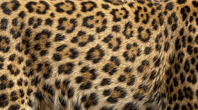 Close-up leopard coat shows black rosettes on golden brown fur.
