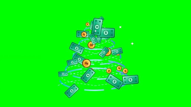 Animated money cash tornado loop with falling dollar bills and gold coins swirling on a bright green chroma key screen for finance business projects