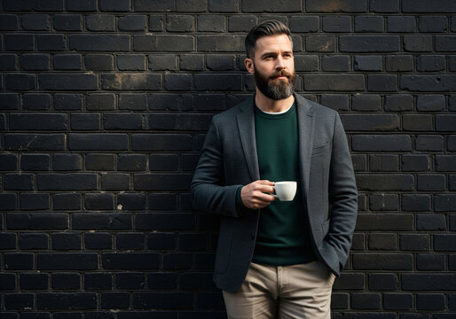 A stylish American man holds a cup of coffee or tea against a black wall, appearing mysterious and composed.