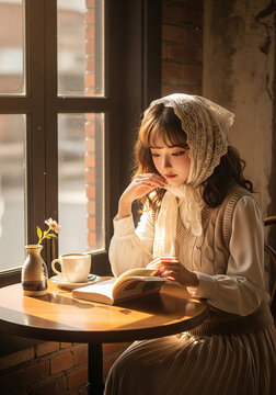 Focused Study Session: A woman diligently takes notes from a book while sitting at a rustic wooden desk by a window, bathed in natural light.