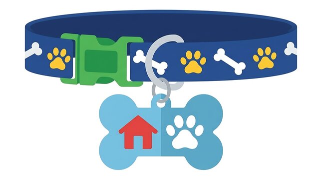 Blue pet collar with house and paw print identification tag