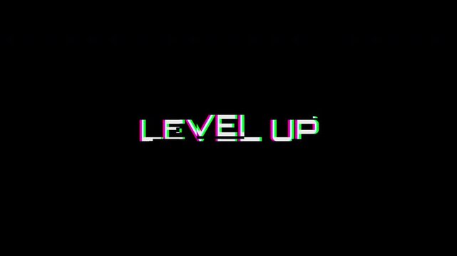 Level Up distorted glitch text for gaming progress and video achievement concept