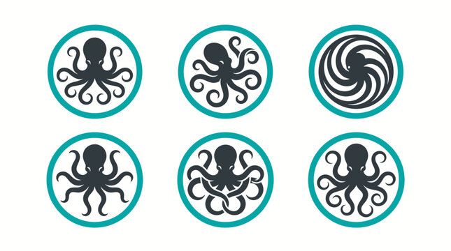 Octopus logos arranged in a grid showcase various stylized tentacle designs inside teal circular borders.