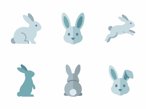 Set of six flat vector illustrations of cute rabbits in various poses.