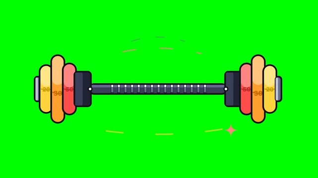 Colorful animated fitness barbell mascot icon moving on a solid green screen background for gym workout and healthy lifestyle projects
