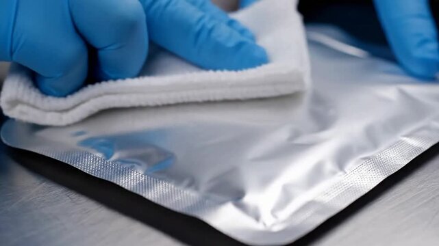 Close-Up Of A Healthcare Professional Wiping A Silver Foil Pouch With A White Cloth In A Clinical Setting Emphasizing Cleanliness And Hygiene