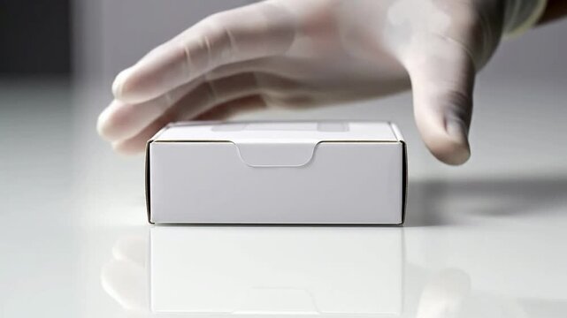 Close Up of Gloved Hand Placing Small White Box on Smooth Reflective Surface Emphasizing Care and Precision in Packaging and Delivery