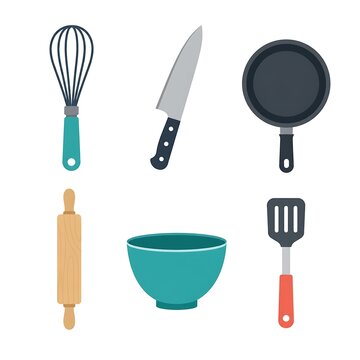 Flat lay cooking utensils set with whisk, knife, pan, bowl, and spatula on white background
