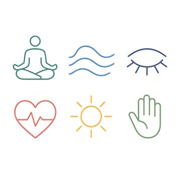 Hand-drawn wellness icons set for health, meditation, nature, and self-care concepts