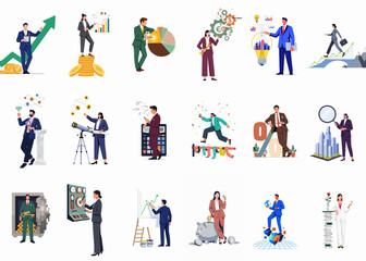 Naklejka premium Collection of diverse business characters and financial concepts illustrating growth, strategy, analysis, and success in a flat vector style.