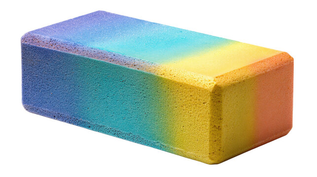 Rectangular foam block with colorful rainbow gradient from blue to orange, textured sponge material on white background