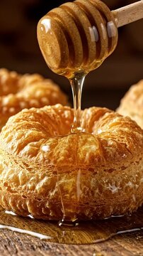 Golden Fried Pastry Drizzled With Honey - Close-up shot of a golden-fried vetkoek pastry with a honey dipper pouring sweet, viscous honey over it.