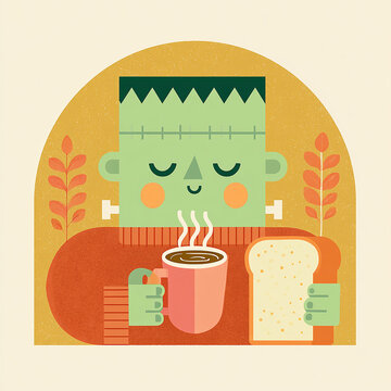 Green Frankenstein character holding hot coffee mug and bread slice in arch frame illustration