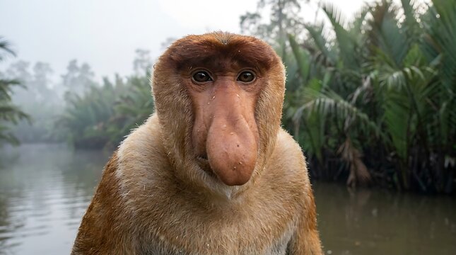 Wild Proboscis Monkey Near River in Tropical Forest