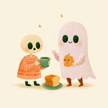 Cute skeleton and ghost characters sharing hot coffee pumpkin and bread illustration
