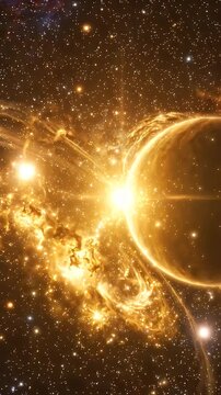 Golden Celestial Bodies Glowing in Dark Cosmos - This video depicts intertwined celestial bodies radiating a brilliant golden luminosity against the deep black expanse of the cosmos.