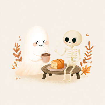 Cute ghost and skeleton drinking hot coffee at wooden table with bread illustration