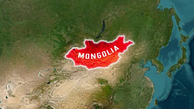 3D Satellite Map Animation Highlighting Mongolia with Red Fill, Country Label, and Waving National Flag