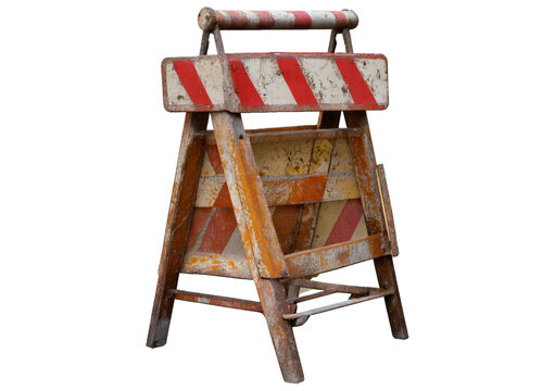 Old construction striped barricades isolated on a transparent or white background