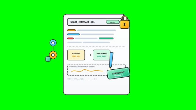 Blockchain smart contract agreement document with verified stamp and secure padlock animation isolated on green screen background for technology