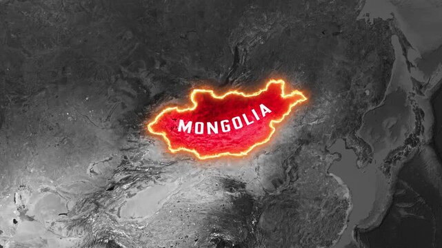3D Dark Satellite Map Animation Highlighting Mongolia with Glowing Border and Text Label