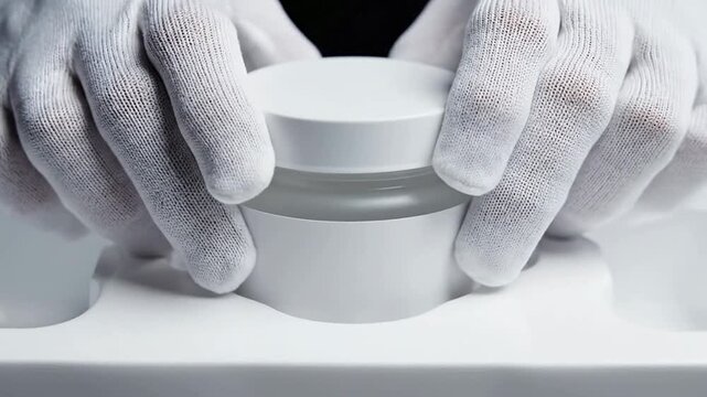 Extreme Close-Up Of A Blank-Label Nutrition Powder Jar Being Placed In A Precision Mold By Gloved Hands In A Clean Laboratory Environment