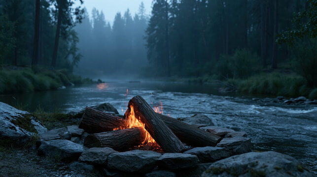 Campfire by river in forest at dusk, misty woodland with glowing fire and flowing water
