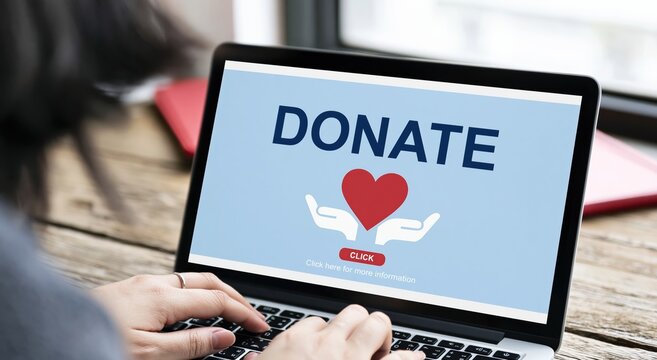 Donation online using a laptop for charity giving and philanthropy support help
