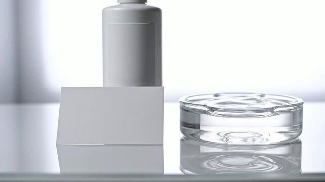 Macro Close-Up Of A Hand Placing A Blank White Product Card Beside A Cosmetic Bottle And Glass Dish For Branding Mockups