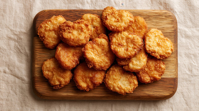 Fried chicken nugget crispy breaded chicken golden brown snack food wood board homemade fast food savory fried meat crunchy texture restaurant catering food chicken piece appetizer snack breading