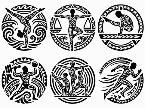 Set of six tribal style circular illustrations featuring various athletic activities.