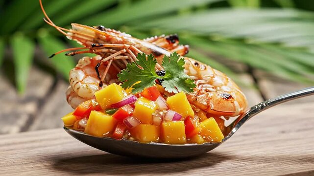 Macro Close-Up of Grilled Prawns on a Spoonful of Colorful Mango Salsa with Fresh Cilantro Garnish for Culinary Presentation