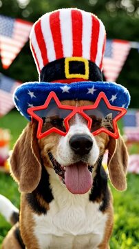 Patriotic Beagle Dog Wearing Star Sunglasses and Uncle Sam Hat - A cute Beagle dog smiles while wearing patriotic star-shaped sunglasses and a festive Uncle Sam hat.