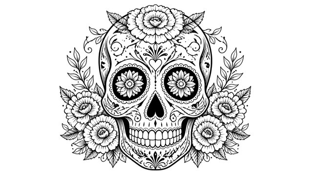 Intricate black and white sugar skull illustration adorned with detailed floral patterns and leaves, perfect for Day of the Dead celebrations or coloring.