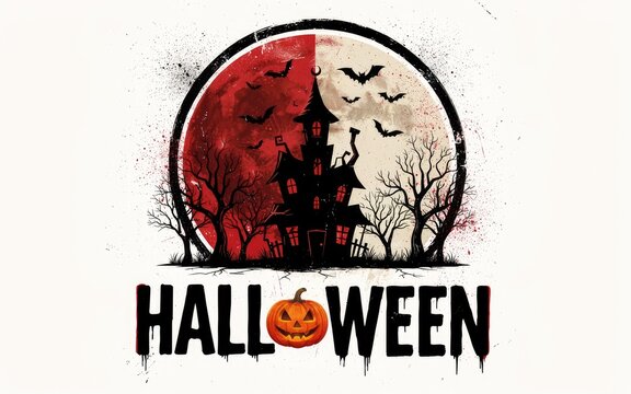 Spooky halloween design featuring a haunted house silhouette against a large red moon and flying bats
