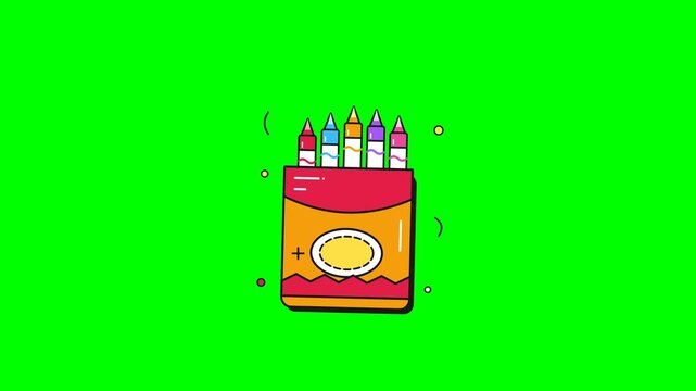 Vibrant box of colorful wax crayons with cute MBE style animation isolated on green screen background for creative education and art projects.