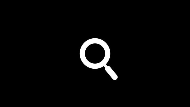 Minimalist magnifying glass search animation on black background, find zoom research
