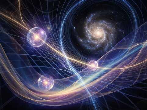 Abstract scientific background with glowing spheres, wave lines, and spiral galaxy representing quantum physics and space-time continuum