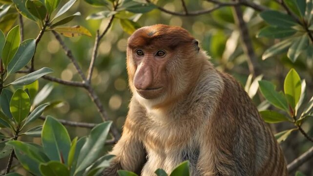 Proboscis Monkey Portrait in Tropical Mangrove Forest Natural Scene 4K